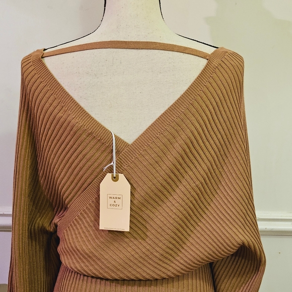 Love Tree Tan Ribbed Front Cross Long Sleeve Lightweight Sweater Dress,Large,NWT - Picture 6 of 16